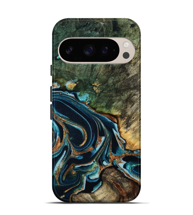 Pixel 10 Pro Wood Live Edge Phone Case - Braelyn (Teal & Gold, 805393)
