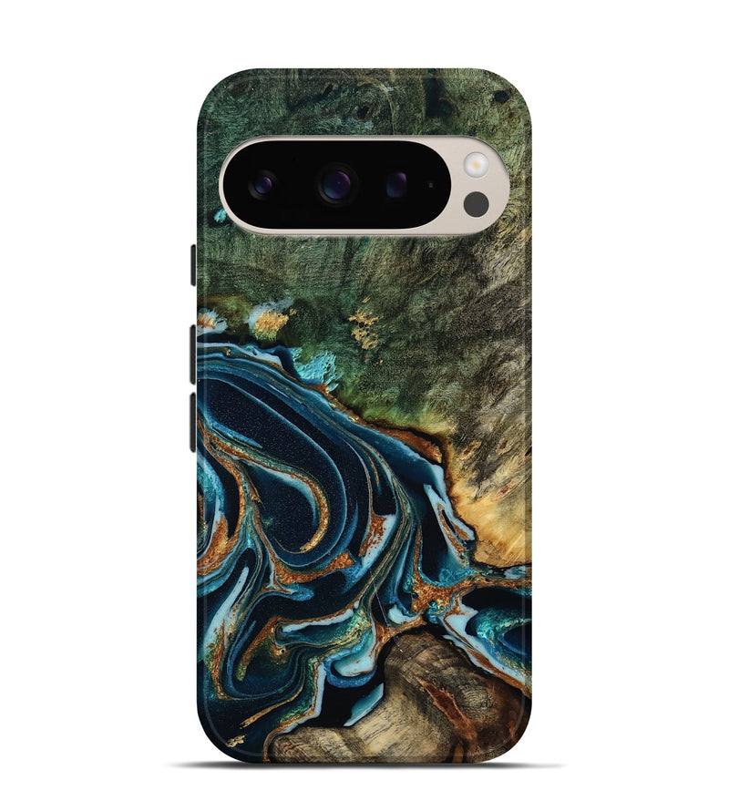 Pixel 9 Wood Live Edge Phone Case - Braelyn (Teal & Gold, 805393)