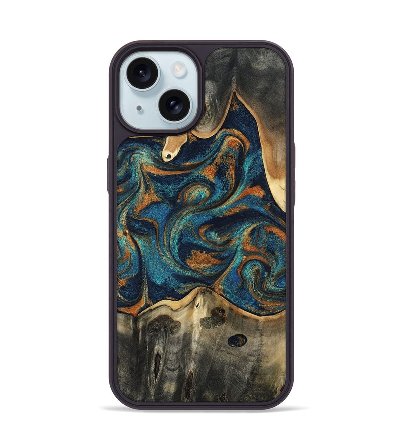 iPhone 15 Wood Phone Case - Shawnte (Teal & Gold, 805467)