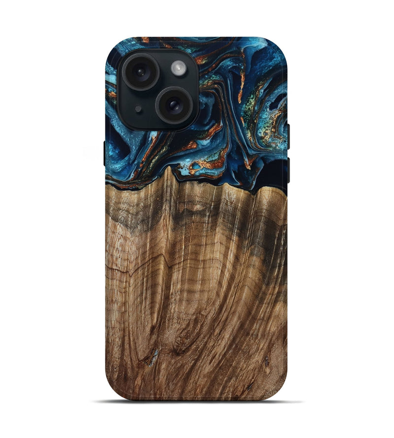 iPhone 15 Wood Live Edge Phone Case - Adrien (Teal & Gold, 806040)