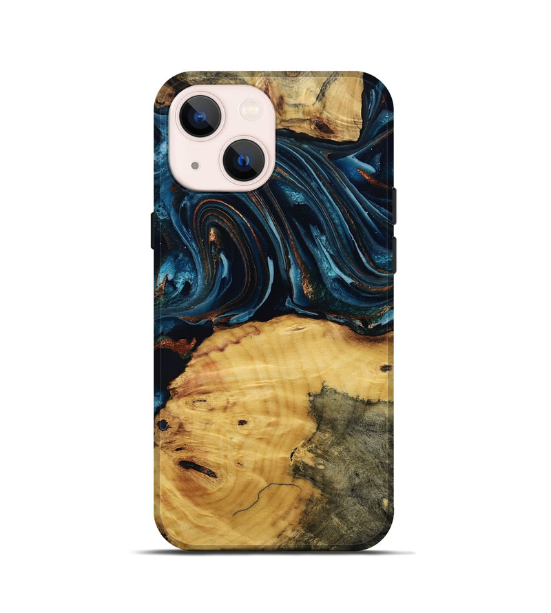 iPhone 13 mini Wood Live Edge Phone Case - Mammie (Teal & Gold, 806055)