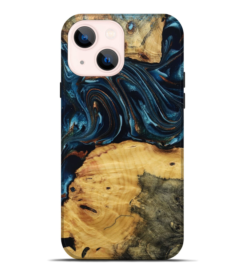 iPhone 14 Plus Wood Live Edge Phone Case - Mammie (Teal & Gold, 806055)