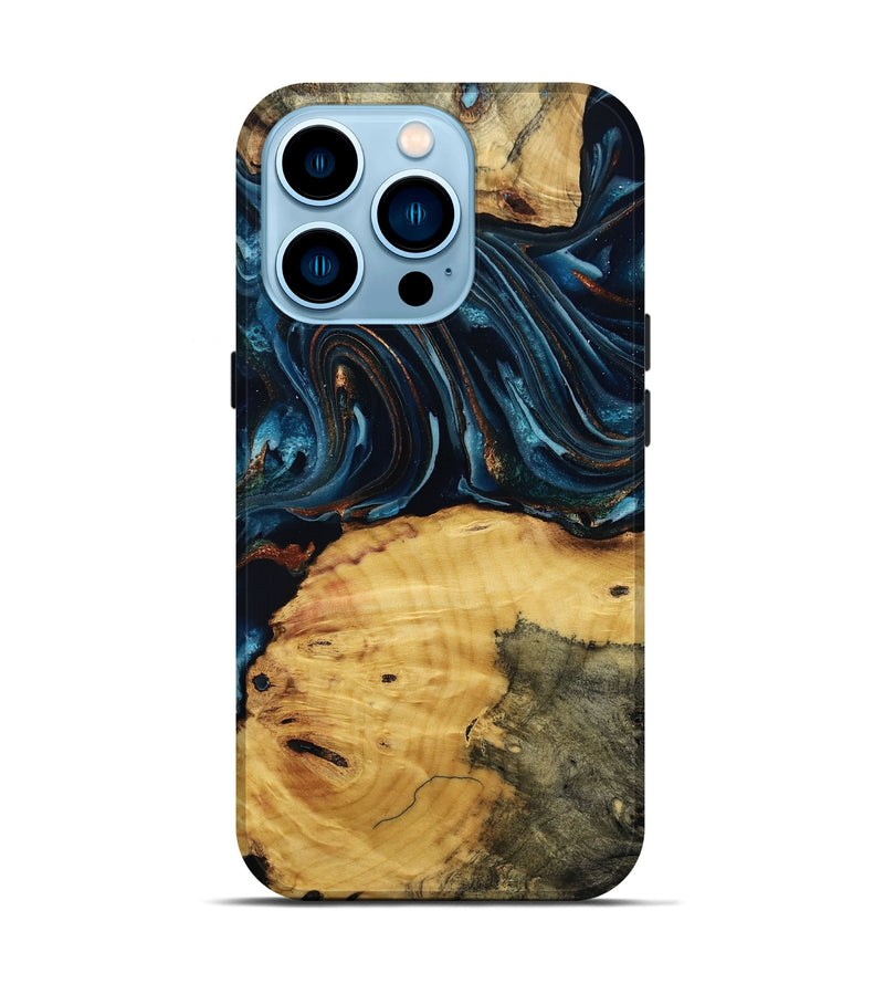 iPhone 14 Pro Wood Live Edge Phone Case - Mammie (Teal & Gold, 806055)