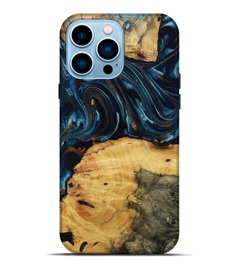 iPhone 14 Pro Max Wood Live Edge Phone Case - Mammie (Teal & Gold, 806055)