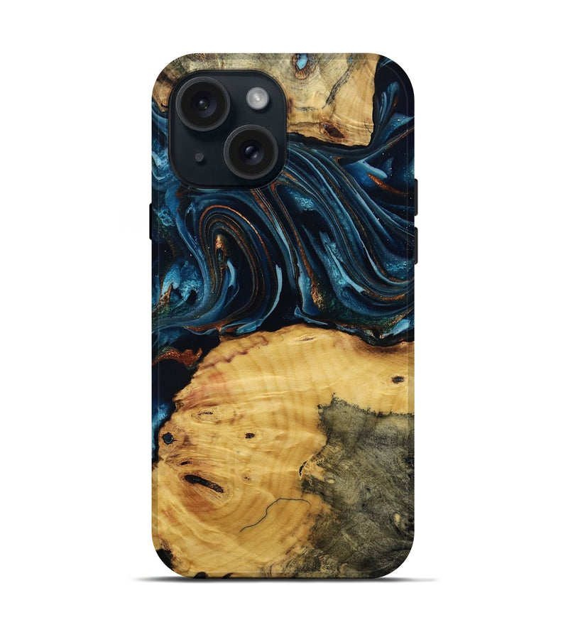 iPhone 15 Wood Live Edge Phone Case - Mammie (Teal & Gold, 806055)