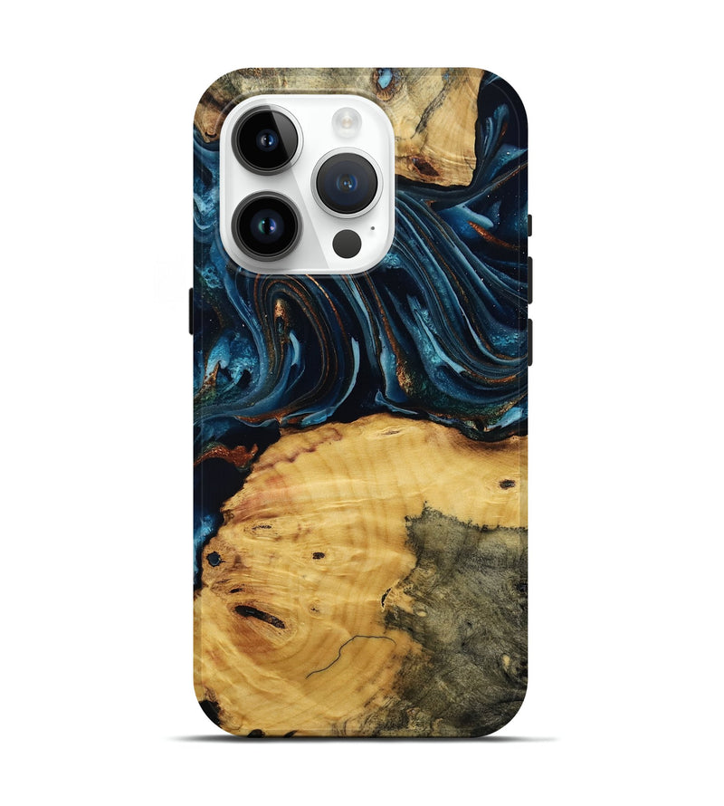 iPhone 15 Pro Wood Live Edge Phone Case - Mammie (Teal & Gold, 806055)