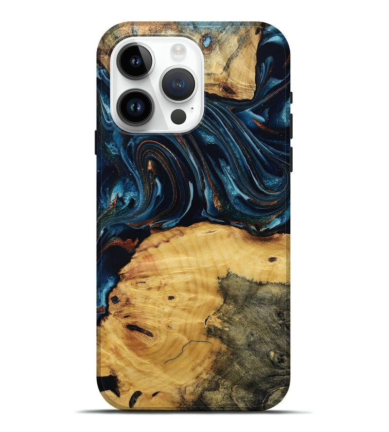 iPhone 15 Pro Max Wood Live Edge Phone Case - Mammie (Teal & Gold, 806055)
