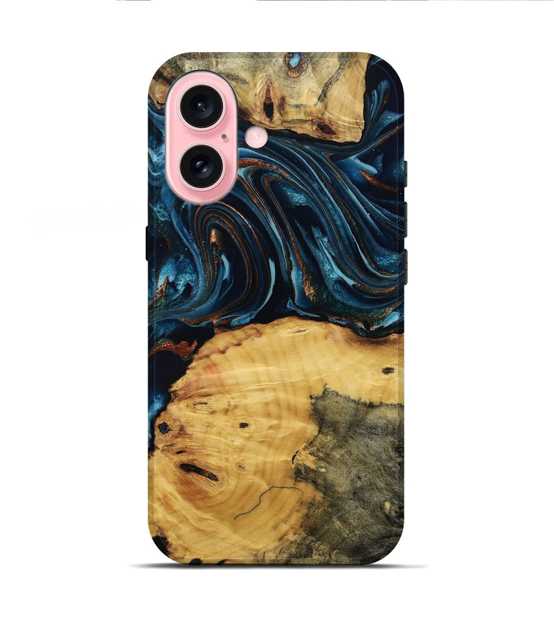 iPhone 16 Wood Live Edge Phone Case - Mammie (Teal & Gold, 806055)