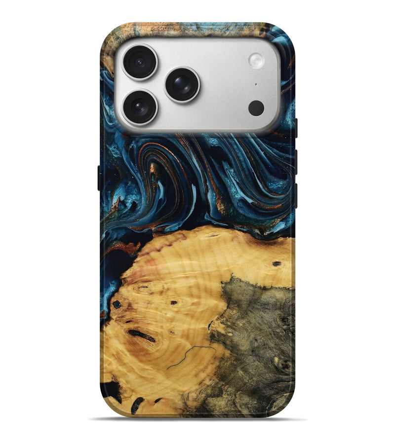 iPhone 17 Pro Max Wood Live Edge Phone Case - Mammie (Teal & Gold, 806055)