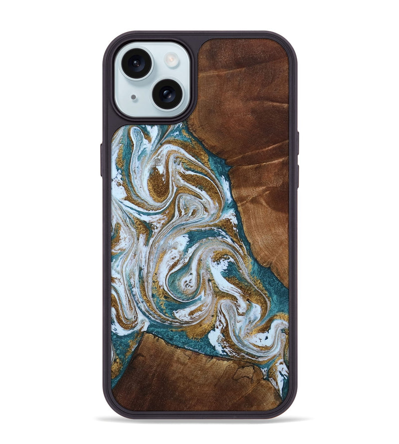 iPhone 15 Plus Wood Phone Case - Tamara (Teal & Gold, 806627)