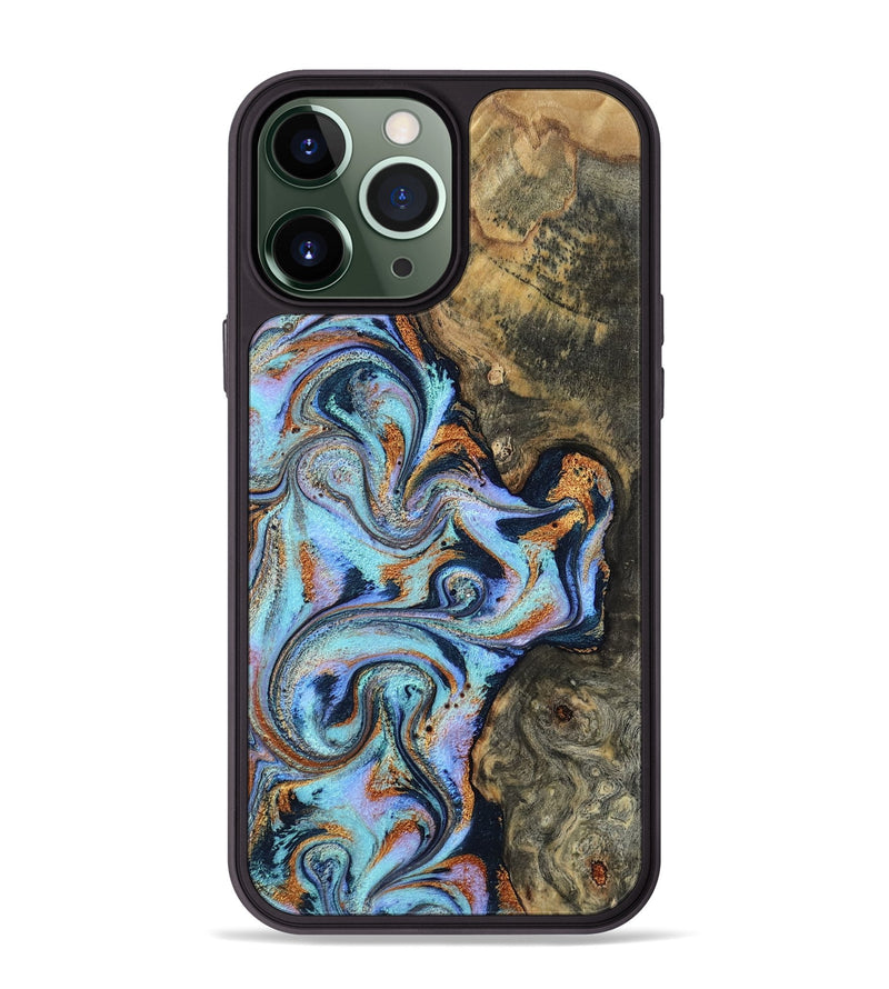 iPhone 13 Pro Max Wood Phone Case - Ward (Teal & Gold, 807080)