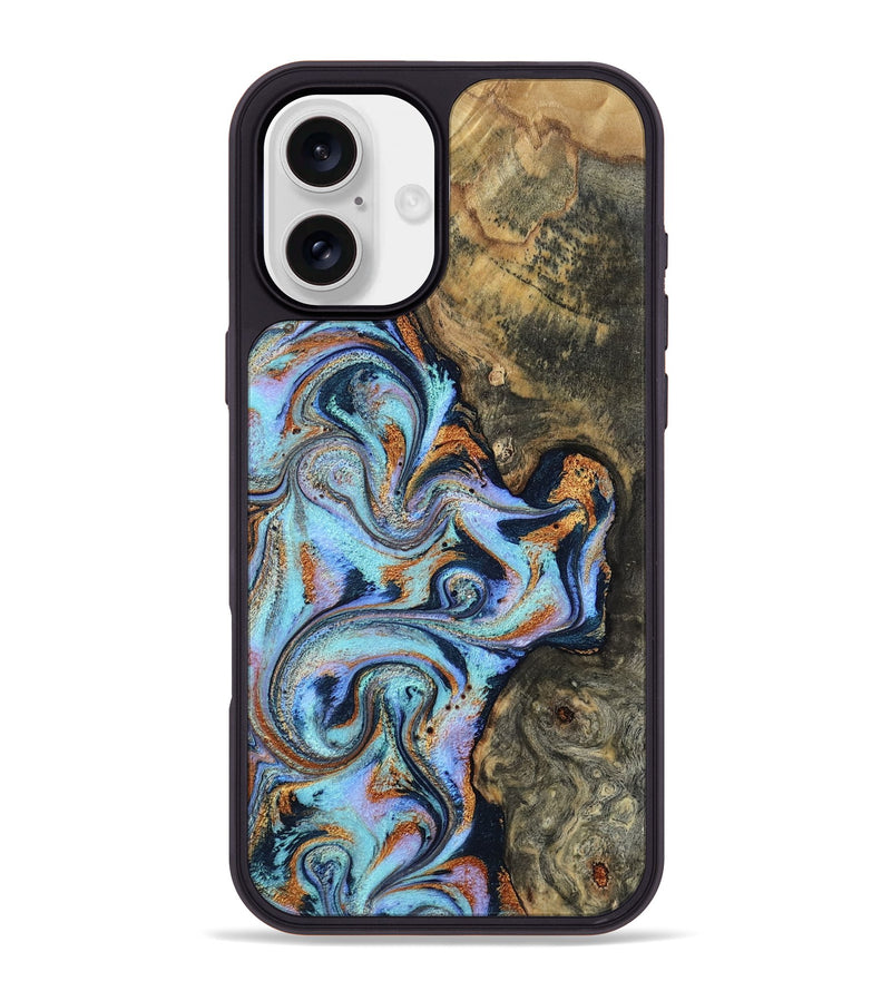 iPhone 16 Plus Wood Phone Case - Ward (Teal & Gold, 807080)