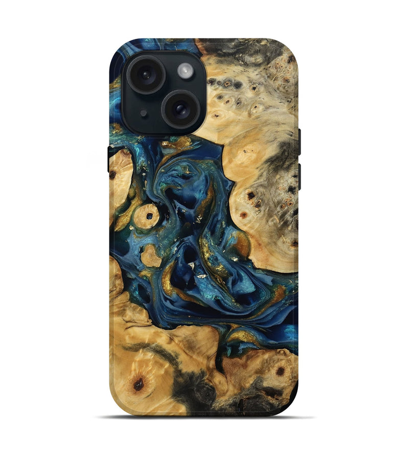iPhone 15 Wood Live Edge Phone Case - Scarlet (Teal & Gold, 807132)