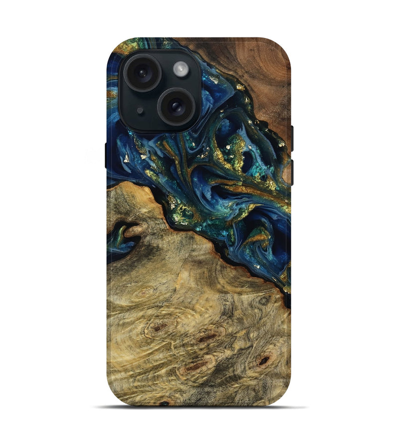 iPhone 15 Wood Live Edge Phone Case - Margie (Teal & Gold, 807135)