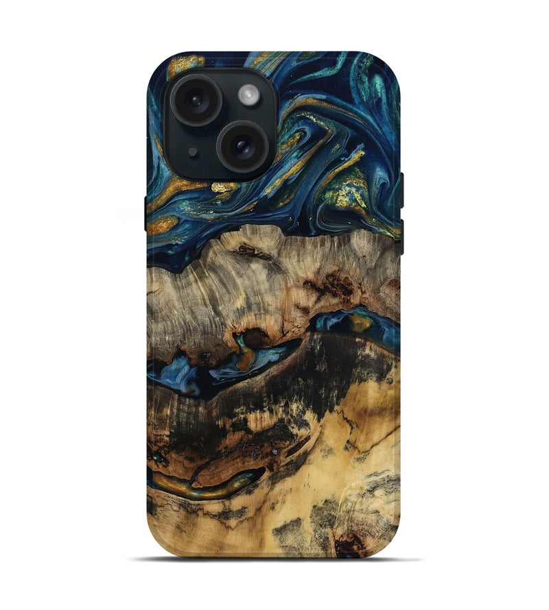 iPhone 15 Wood Live Edge Phone Case - Rome (Teal & Gold, 807143)