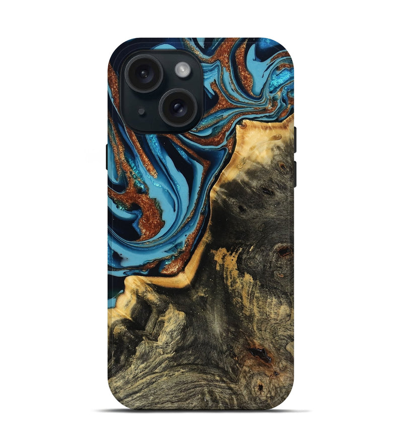 iPhone 15 Wood Live Edge Phone Case - Reggie (Teal & Gold, 807159)