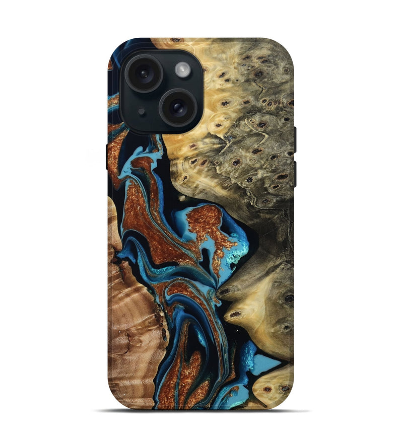 iPhone 15 Wood Live Edge Phone Case - Kaylin (Teal & Gold, 807160)