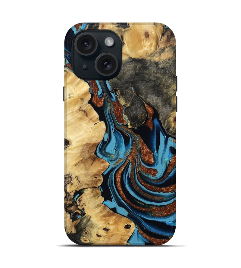 iPhone 15 Wood Live Edge Phone Case - Alida (Teal & Gold, 807167)