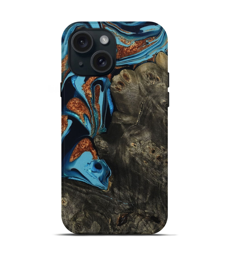 iPhone 15 Wood Live Edge Phone Case - Kelli (Teal & Gold, 807168)