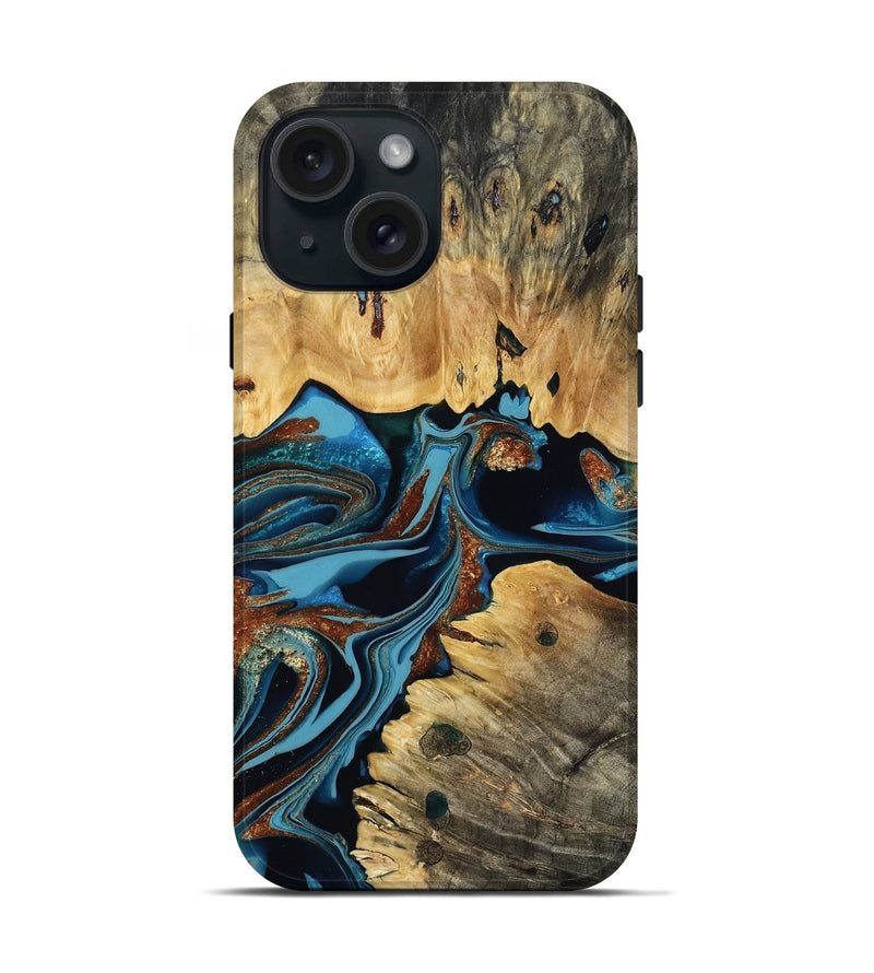 iPhone 15 Wood Live Edge Phone Case - Kylee (Teal & Gold, 807174)
