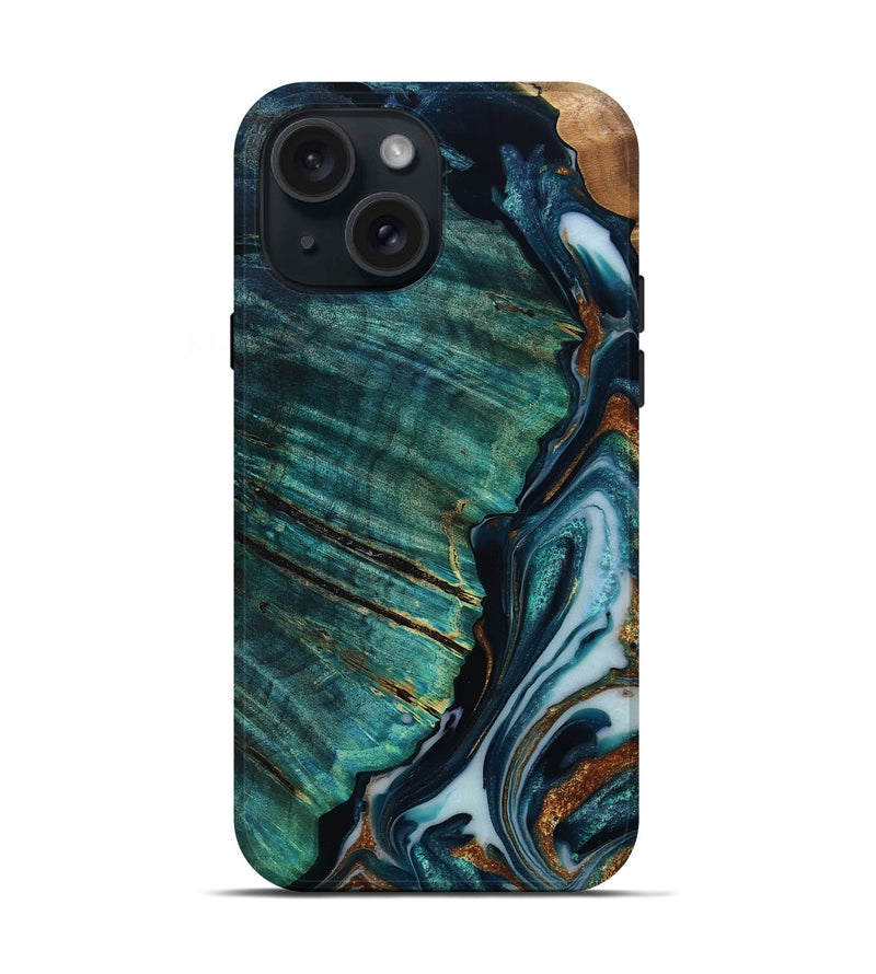 iPhone 15 Wood Live Edge Phone Case - Dequan (Teal & Gold, 807315)