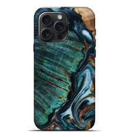 iPhone 16 Pro Max Wood Live Edge Phone Case - Dequan (Teal & Gold, 807315)