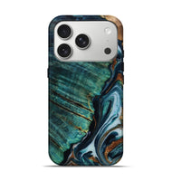 iPhone 17 Pro Wood Live Edge Phone Case - Dequan (Teal & Gold, 807315)