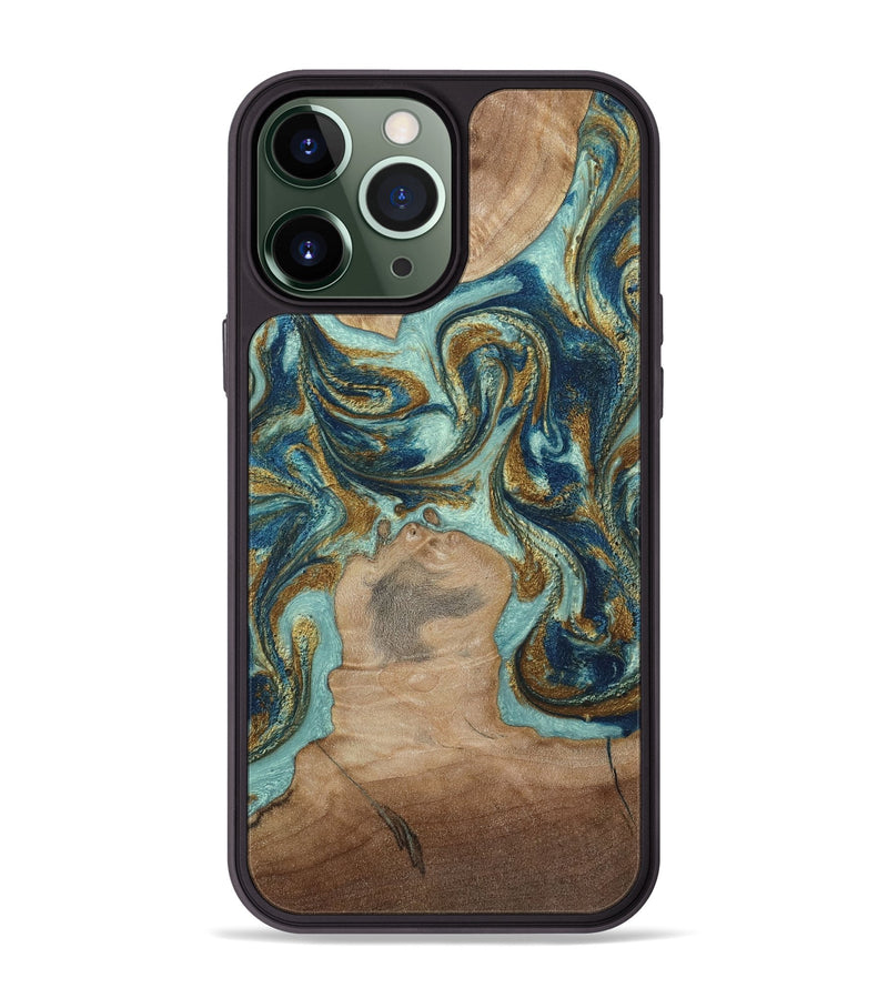 iPhone 13 Pro Max Wood Phone Case - Leeann (Teal & Gold, 807411)