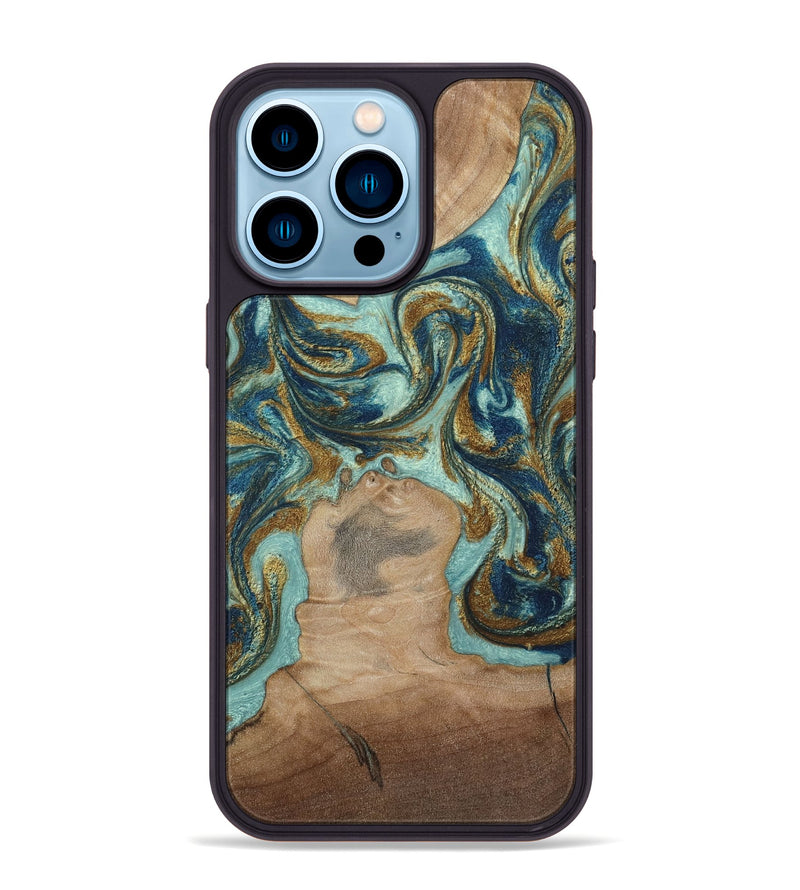 iPhone 14 Pro Max Wood Phone Case - Leeann (Teal & Gold, 807411)