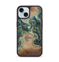 iPhone 15 Wood Phone Case - Leeann (Teal & Gold, 807411)