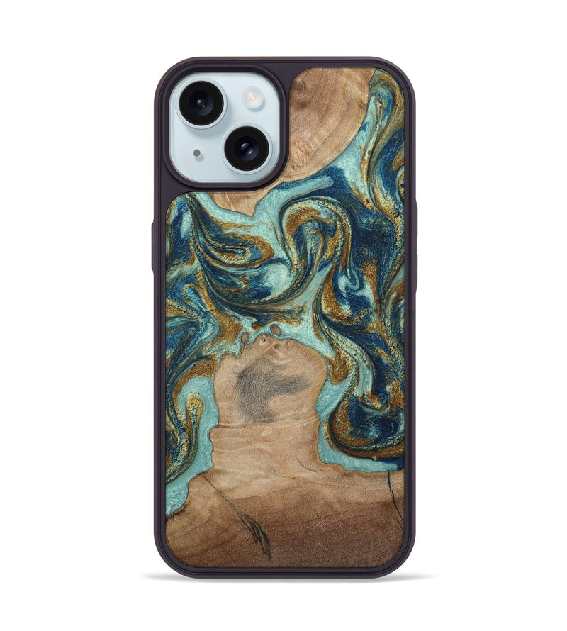 iPhone 15 Wood Phone Case - Leeann (Teal & Gold, 807411)