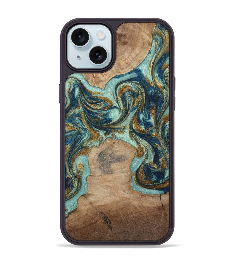iPhone 15 Plus Wood Phone Case - Leeann (Teal & Gold, 807411)