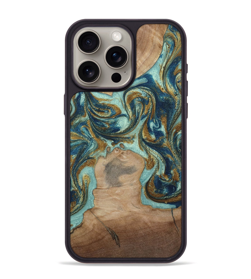 iPhone 15 Pro Max Wood Phone Case - Leeann (Teal & Gold, 807411)