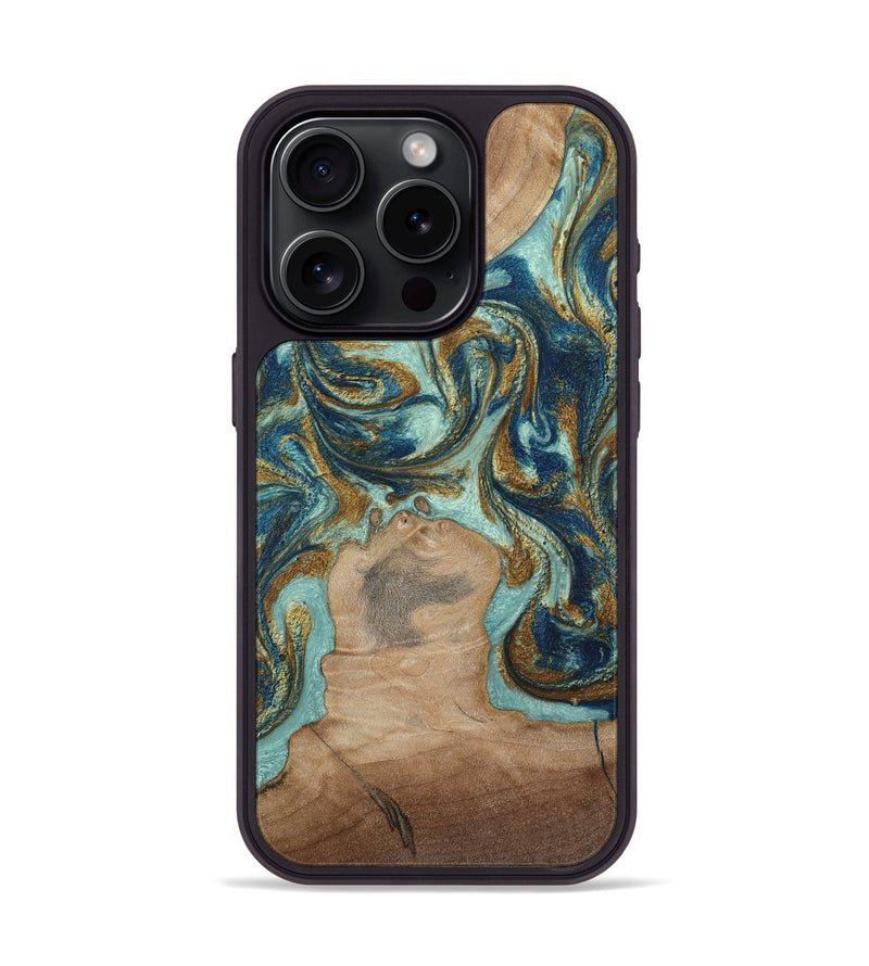 iPhone 15 Pro Wood Phone Case - Leeann (Teal & Gold, 807411)