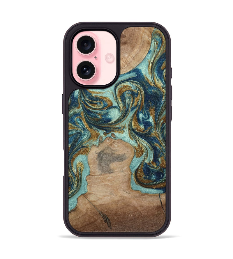iPhone 16 Wood Phone Case - Leeann (Teal & Gold, 807411)