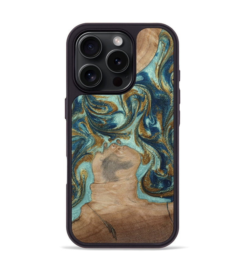 iPhone 16 Pro Wood Phone Case - Leeann (Teal & Gold, 807411)