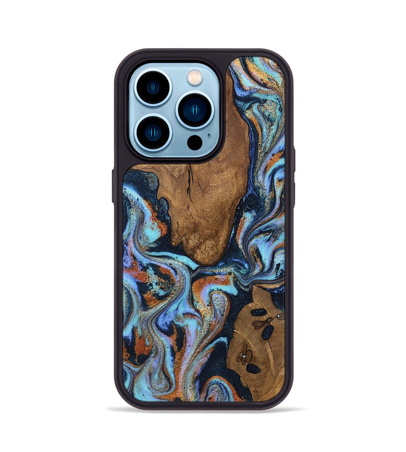 iPhone 14 Pro Wood Phone Case - Damaris (Teal & Gold, 807506)