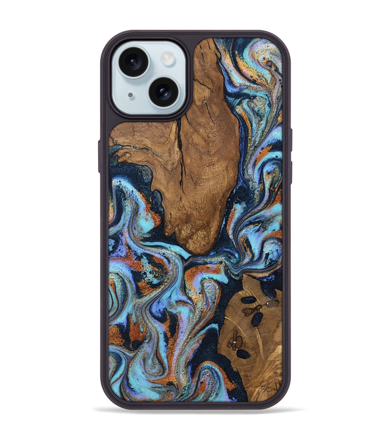 iPhone 15 Plus Wood Phone Case - Damaris (Teal & Gold, 807506)