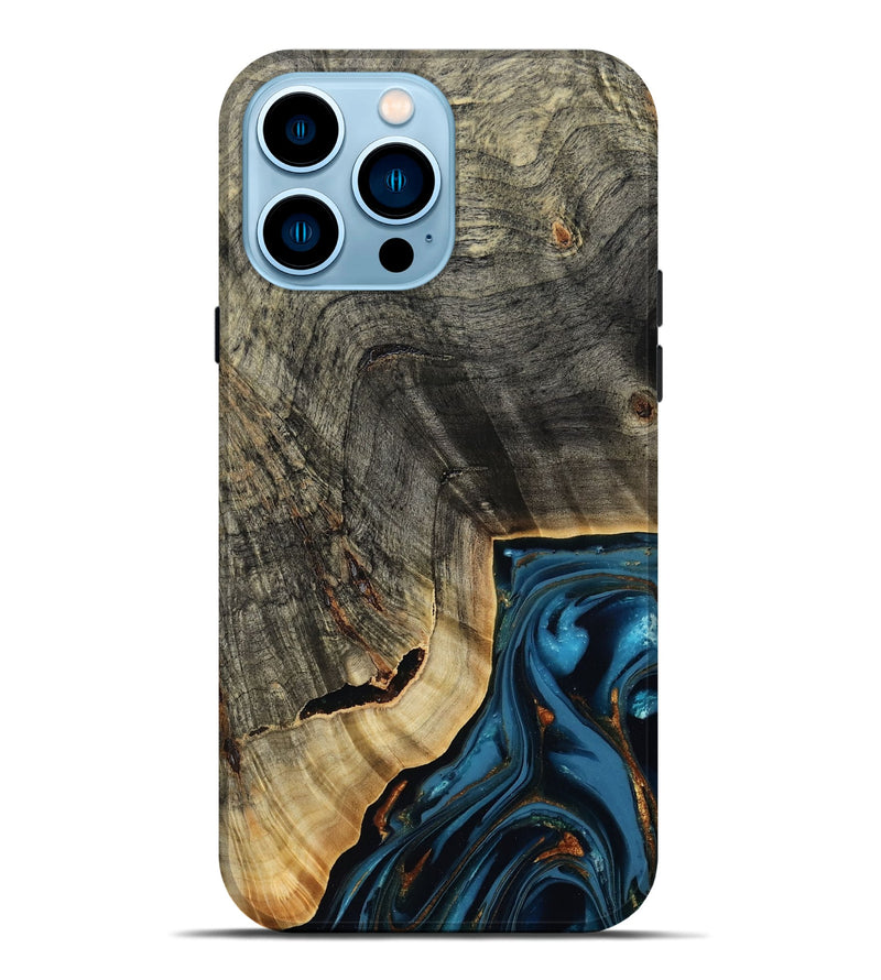 iPhone 14 Pro Max Wood Live Edge Phone Case - Lonie (Teal & Gold, 807700)