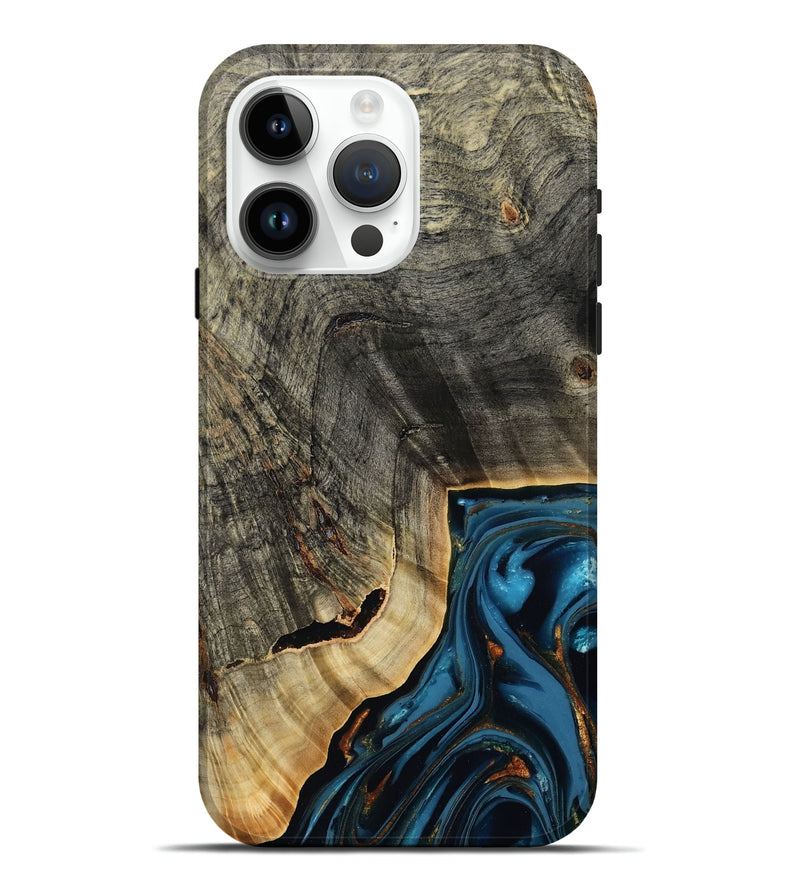 iPhone 15 Pro Max Wood Live Edge Phone Case - Lonie (Teal & Gold, 807700)