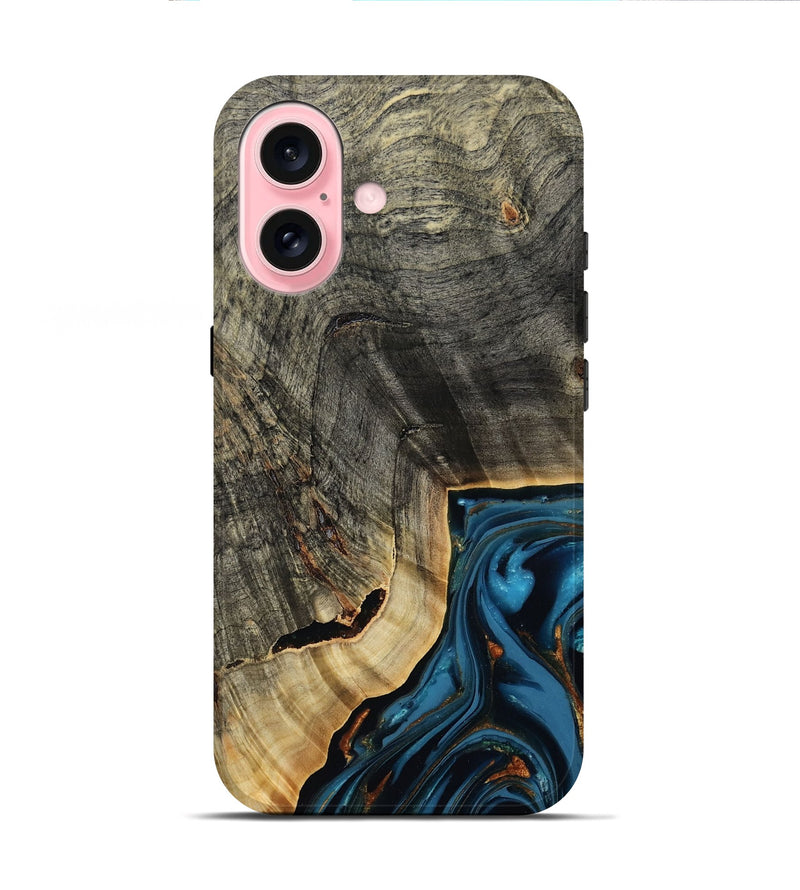 iPhone 16 Wood Live Edge Phone Case - Lonie (Teal & Gold, 807700)