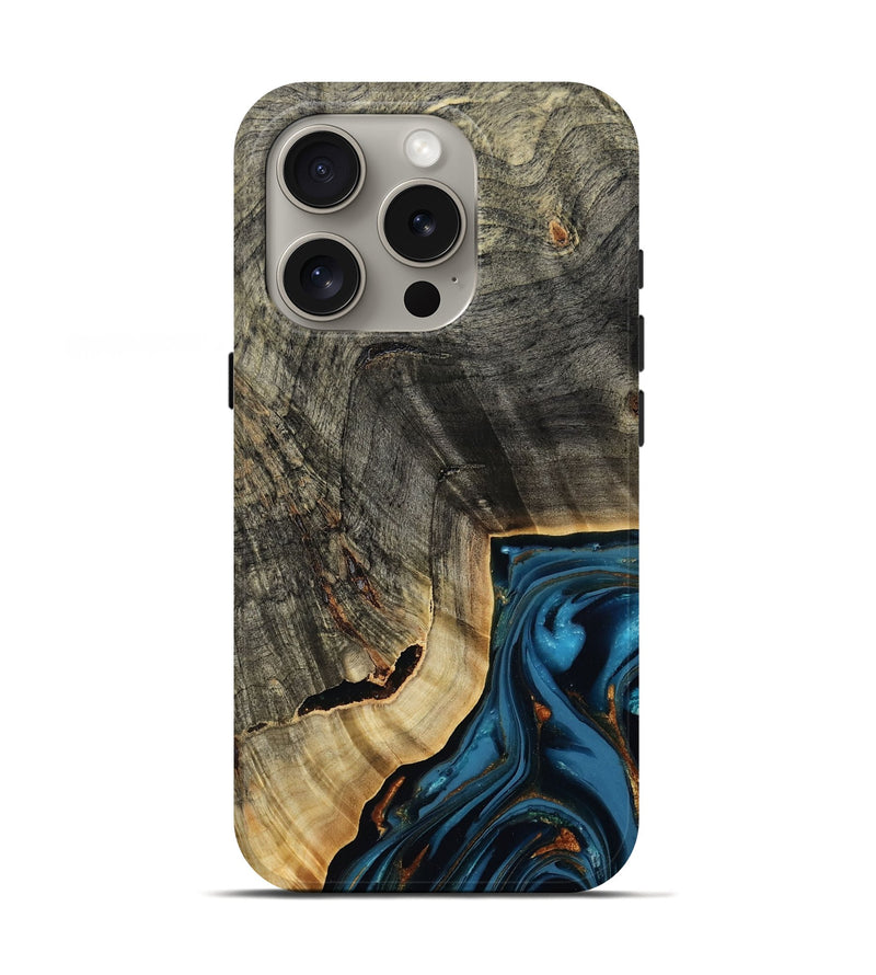 iPhone 16 Pro Wood Live Edge Phone Case - Lonie (Teal & Gold, 807700)