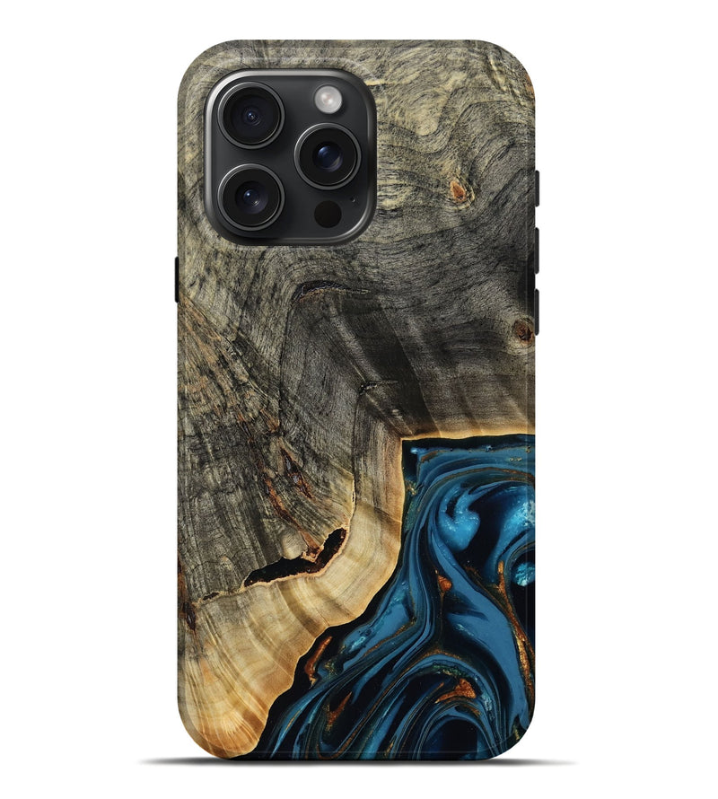 iPhone 16 Pro Max Wood Live Edge Phone Case - Lonie (Teal & Gold, 807700)