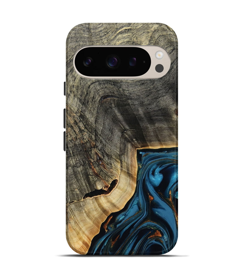 Pixel 9 Pro Wood Live Edge Phone Case - Lonie (Teal & Gold, 807700)