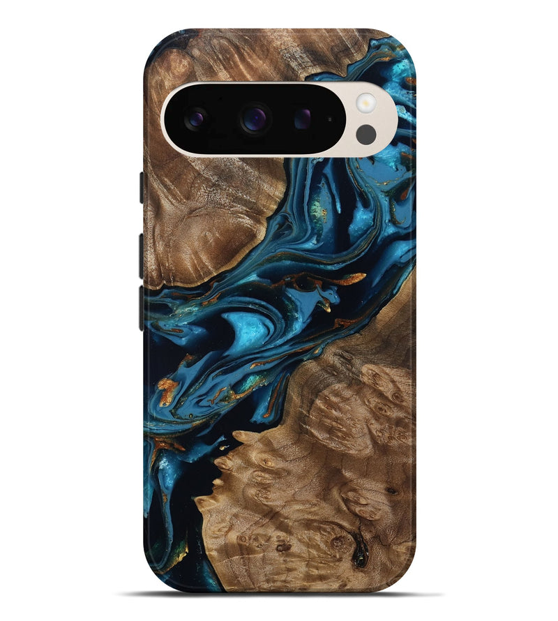 Pixel 9 Pro XL Wood Live Edge Phone Case - Oswaldo (Teal & Gold, 807707)