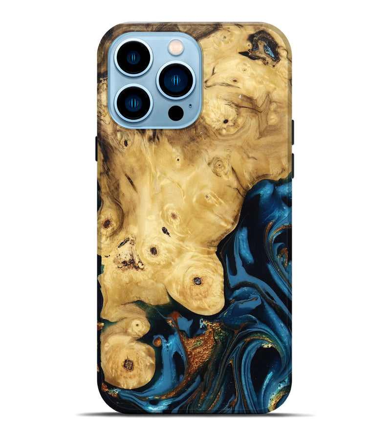 iPhone 14 Pro Max Wood Live Edge Phone Case - Carlie (Teal & Gold, 807709)
