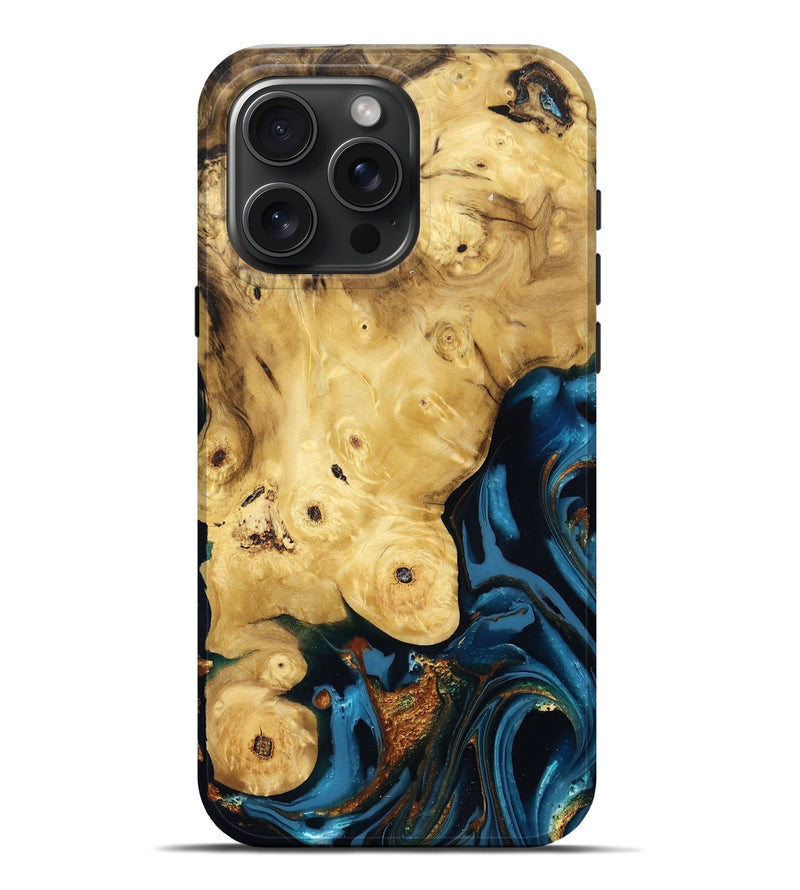 iPhone 16 Pro Max Wood Live Edge Phone Case - Carlie (Teal & Gold, 807709)