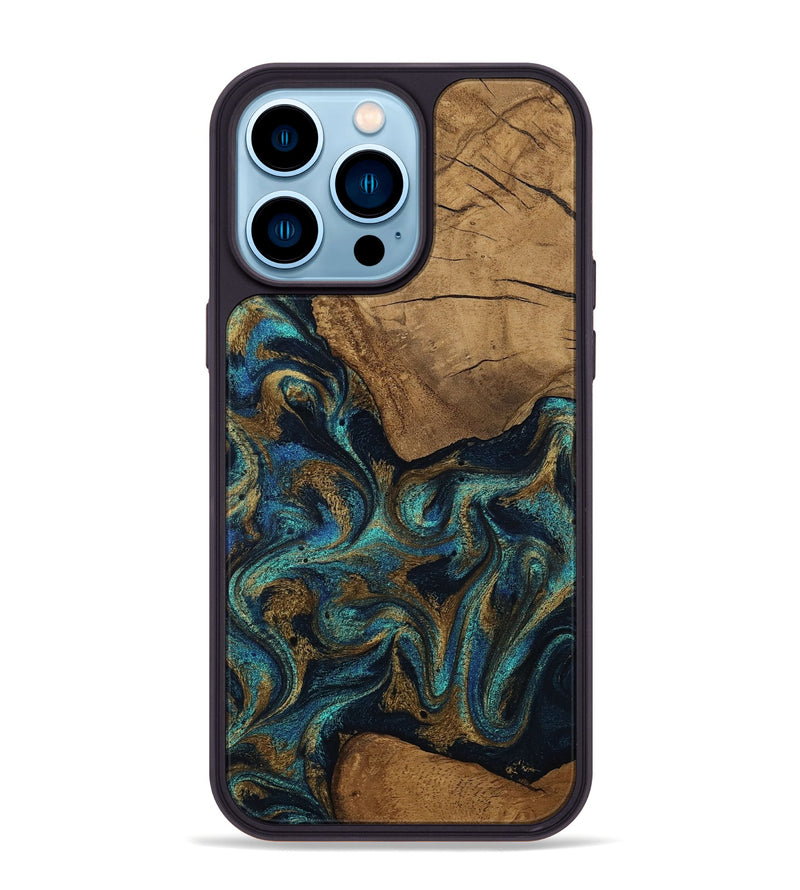 iPhone 14 Pro Max Wood Phone Case - Lisbeth (Teal & Gold, 807963)