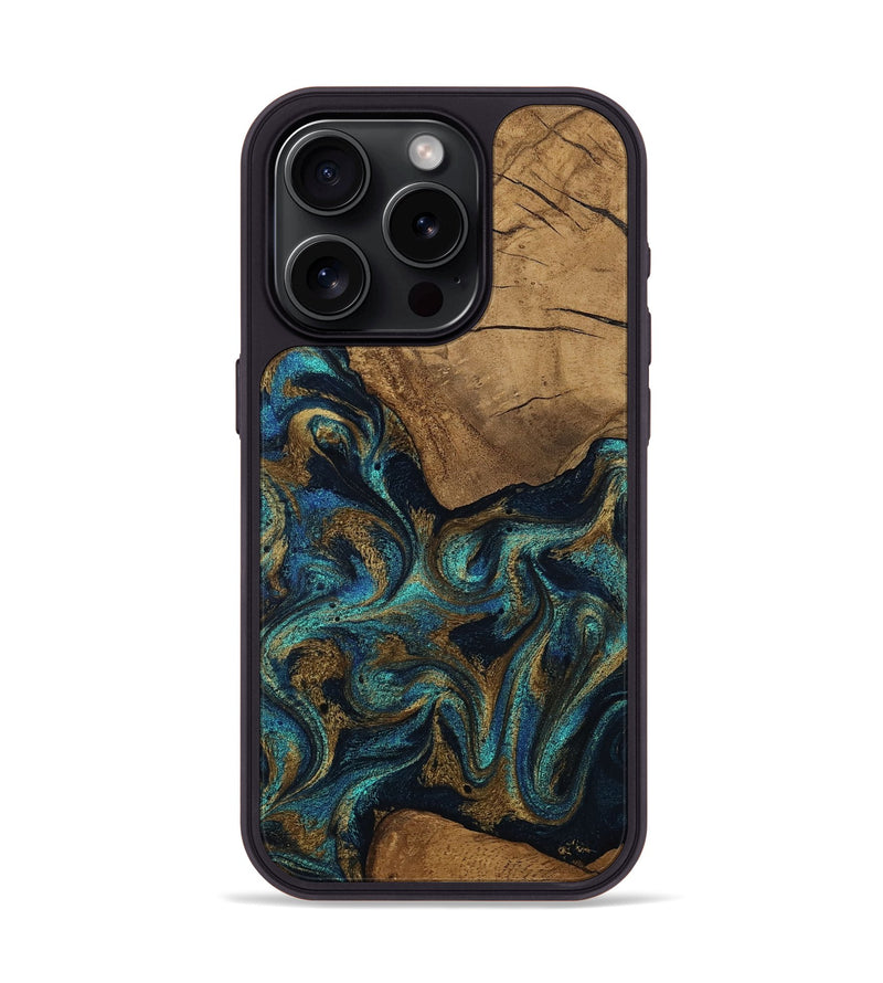 iPhone 15 Pro Wood Phone Case - Lisbeth (Teal & Gold, 807963)