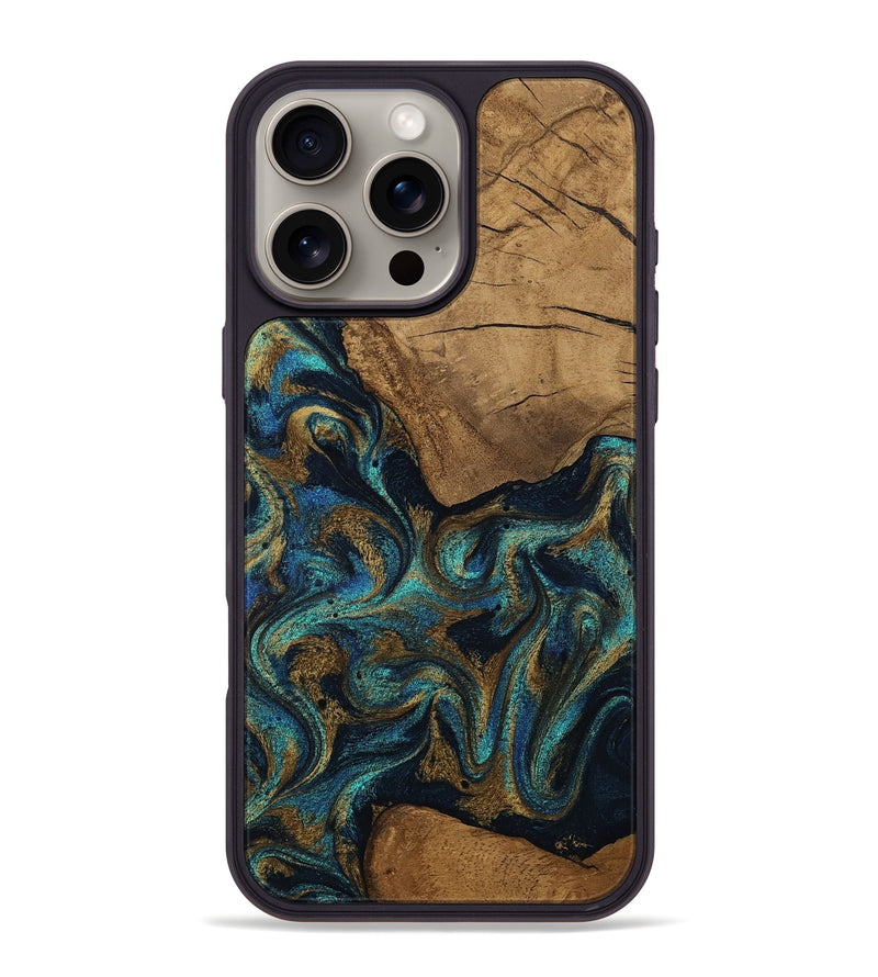 iPhone 16 Pro Max Wood Phone Case - Lisbeth (Teal & Gold, 807963)